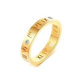 MAGIIE Jewellery 6 mm Women's Ring Gold, 18 K Gold-Plated Ring Women, Zircon Ring Roman Numerals Women (Gold, 57), Stainless Steel, No Gemstone