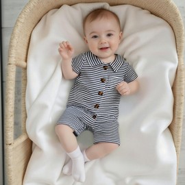 Baby Boy Rompers Waffle Striped Jumpsuit Lapel Collar Button Bodysuit Cute Newborn Summer One Piece Outfit Welcome Home 0 3 6 12 18 24Months (White Black, 18-24 Months)