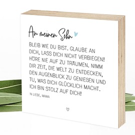 Wunderpixel® Holzbild Verbiege Sohn - Geschenk von Mama - 15x15x2cm zum Hinstellen/Aufhängen, echtes Foto mit Spruch auf Holz - schwarz-weißes Wand-Bild Aufsteller zur Dekoration, Andenken