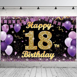 18th Birthday Decoration Backdrop Banner, Happy 18th Birthday Decorations for Girls, Gold Purple 18 Birthday Party Photo Booth Props, 18th Birthday Poster Sign for Her, Fabric 6.1ft x 3.6ft Vicycaty