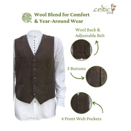 The Celtic Ranch Wool Blend Irish Tweed Mens Vest with Full Back, Adjustable Fabric Belt, 4 Pockets, and Herringbone Pattern (Brown, X-Large)
