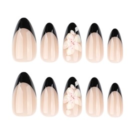Short Almond Press on Nails French Tip Fake Nails Black False Nails with 3D Nude Flowers Designs Artificial Nails Cute Handmade NailsFloral Stick on Nails for Women 24pcs