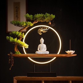 TXYXT Shakyamuni Buddha Ceramic Statue Indoor Backflow Incense Burner with Led Ring Light，Meditation Decoration for Home and Office, Suitable for Cone and Stick Incense