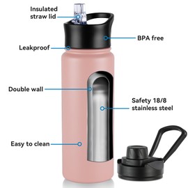 24oz Insulated Water Bottle with Straw Lid, Stainless Steel Metal Water Bottle with Straw & Wide Mouth Lid, Double Wall Vacuum Water Bottle for Hiking Camping, Pink 4 Pack