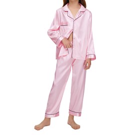 EPLAZA Kids Satin Pajamas Sets Girls Boys Button-Down Silky Pajamas Sleepwear with Hairband Eye Mask Hair Tie (Pink, 130)