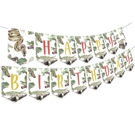Fangleland Reptile Happy Birthday Banner Decorations - Reptile Themed Hanging Decors Bday Celebration Party Supplies, Snake Alligator Lizard Banner for Boy’s First 2nd Birthday Party