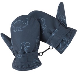 American Trends Infant Baby Gloves Winter Toddler Snow Gloves Waterproof Toddler Mittens Fleece Lined Kids Ski Mittens Navy Dinosaur L (Fits 4-6 Years)