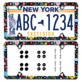 【2Pcs】 Colorful Bright Watercolor Flowers Floral Cute License Plate Frame Stainless Steel License Plate Frame Cover Accessory Rustproof Car Plate Frame Decor 12.3" x 6.3"for US Vehicle Standard Size