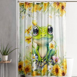 AILONEN Green Frog Shower Curtain, Cute Cartoon Waterproof Fabric for Bathroom, Beautiful Sunflower Kawaii Tree Design with Hooks for Kids Boys Girls, 72" W*72" H