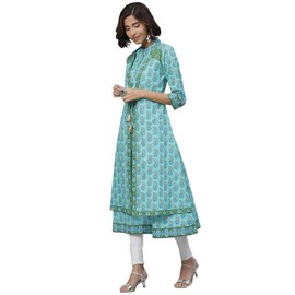 Yash Gallery Kurta - Algodón estampado floral para mujer, Azul, S