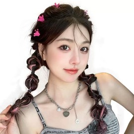 2Pcs 33cm/13Inch Long Braid Ponytail Extension with Hair Tie Synthetic Pony Tails Hairpieces Hair Band Wrap Around Bubble Ponytail Wig for Women DIY Daily Wear (Brown Black Pink)