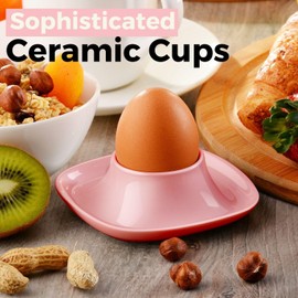 Flexzion Soft Boiled Egg Holder Set - 4-Piece Pink Ceramic Egg Cup, Stackable Egg Coddler Cups with Base for Serving, Breakfast, Brunch - Kitchen Table Decor, Pink
