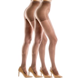 Silkies Women's Control Top Pantyhose with Run Resistant, Light Support Legs (2 Pair Pack) - Large Suntan