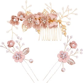 Bridal Hair Combs, Wedding Hair Comb Set Crystal Flower Hair Clips Bride Bridesmaid Hair Sides Comb Rhinestone Barrettes, Pearl Flower Hair Pins Hair Accessories for Women Girls (Pink)