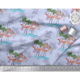 Soimoi Blue Velvet Fabric Palm Tree, & Flamingo Bird Decor Fabric Printed metre 58 Inch Wide