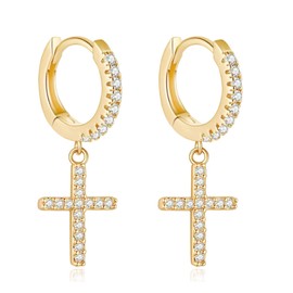 Dainty Huggie Hoop Dangle Earrings for Women, Small Hypoallergenic Hoop Earring with Charm Cross Star Moon Earrings, Sterling Silver CZ Huggie Drop Earrings for Teen Girls (Cross-Gold)