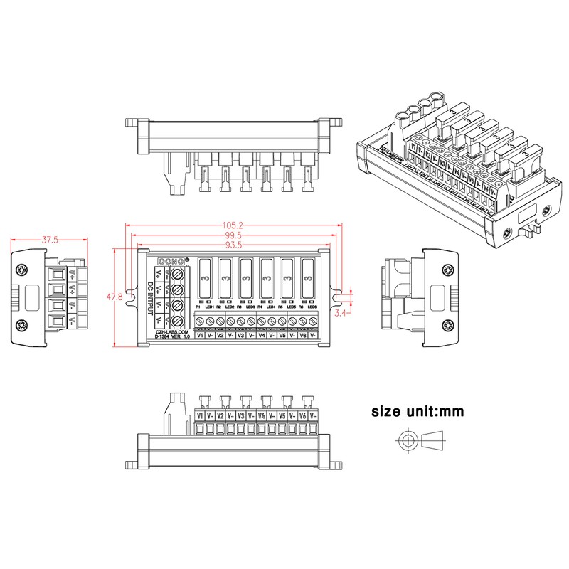 DC Power Fuse Distribution Strip Module (6 Position, Screw Mount)