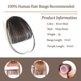 Clip In Bangs-100% Real Huamn Hair Bangs Clip Brown Black Clip On Bangs Hair Extensions Fake Bangs Human Hair Wispy Bangs Hair Clip Fringe With Temples Hairpieces Curved Bangs For Daily Wear
