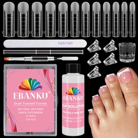 EBANKU Poly Gel Toe Nail Form Kit, Reusable Toenails Dual Forms for Nail Extensions, Poly Gel Toe Nail Tips with 2.5OZ Slip Solution, Dual-Ended Brush and Nail File, 5PCS Clips - 120PCS