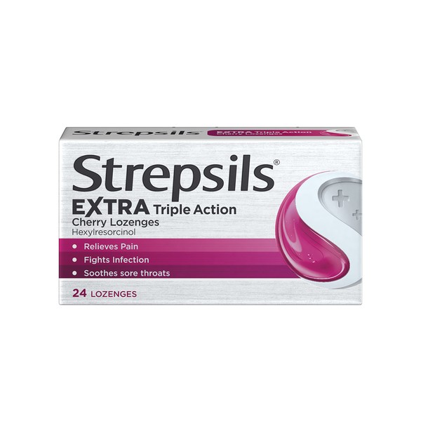 Strepsils Extra Triple Action Cherry Lozenges X 24, for Sore Throat