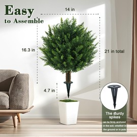 Chillchard 21" Artificial Cypress Topiary Outdoor Plants with Spike, 2 Pack Faux Cedar Bushes UV Resistant Fake Shrubs for Front Porch Décor