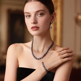 YAMI Freshwater Pearl Necklace, Earrings & Bracelet Set | 7-8mm Cultured Pearls in 925 Sterling Silver, 3-Piece Jewelry Gift for Women – Gift Box for Mom, Wife, Birthdays, Anniversaries & Mother’s Day