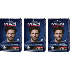 Schwarzkopf, Men Perfect Haarfarbe, Gel, Weißhaarabdeckung für Herren, natürliches Ergebnis, hält bis zu 28 Shampoos, Farbton 80 Naturschwarz, 3 Packungen