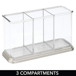 mDesign Plastic Cutlery Storage Organizer Caddy Bin for Kitchen Table, Cabinet or Pantry - Holds Forks, Knives, Spoons, Serving Utensils - Indoor or Outdoor Use, 3 Sections - Clear/Brushed