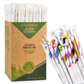 Chunspak 10.25 Inch Long Disposable Paper Straws Biodegradable Individually Wrapped, 0.24" Dia. (Colorful Stripes, 400 ct.) - Sturdy Durable
