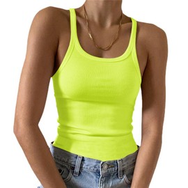 Artfish Women's Sleeveless Full Tank Top Form Fitting Scoop Neck Ribbed Knit Basic Tight Fitted Cami Rave Lime Neon Green 80s S