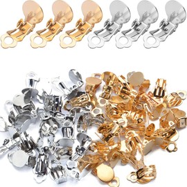 BLPRKOT Pack of 50 Stainless Steel Clip-On Earrings, Flat Round Ear Clips, Women's Tray Ear Clippers, Women's Without Pierced Earrings, Earring Accessories for Earrings, Clips, Jewellery Making, Craft