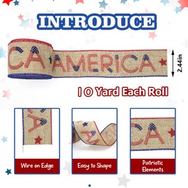Threetols Patriotic Wired Edge Ribbons 2.5" 10 Yards, Veterans Day Linen Red Blue Wired Ribbon Patriotic Star Fabric Craft Ribbon American Ribbon for Holiday Party DIY Craft Veterans Day Decoration