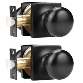 GOBEKOR 2 Pack Passage Door Knobs Matte Black Keyless Interior Door Knob with Lock Square Closet Door Knobs Stainless Steel Passage Round Knob