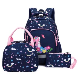 BEFUNIRISE School Backpack Kids Set Middle Elementary Preschool Kindergarten with Lunch Bag & Pencil Case Bookbags for Boys Girls Teen (Rabbit-Navy Blue)