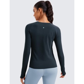CRZ YOGA Womens Seamless Workout Long Sleeve Shirts Quick Dry Gym Athletic Tops Breathable Running Yoga T-Shirts True Navy Small