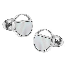 Boccia 05034-01 Stud Earrings in Round Shape Made of Polished Pure Titanium with Real Mother of Pearl Insert, Colour: Silver, Diameter: 9.5 mm, Titanium, No gemstone.