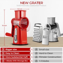 SUSTEAS Rotary Cheese Grater with Handle - Vegetable Shredder with 5 Well-designed Blades & Strong Suction Base,Round Mandoline Slicer & Food Chopper for Kitchen,with Blade Storage Box(Red)