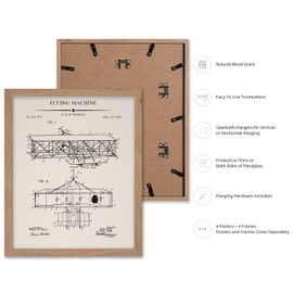 Poster Master 4-Piece Vintage Wright Brothers Aviation Blueprint Poster - Flying Machine Patent Print - Airplane Art - Aircraft Art - Pilot Art - Garage or Man Cave Decor, 8x10 Beige Framed