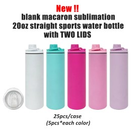 25pcs  Double Wall 20oz Macaron Stainless Steel Skinny Insulated Sublimation Tumbler Water Bottle With Dual Lidscolor: 25pcs (Mix Colors), capacity: 20OZ