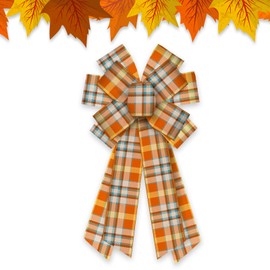 Habbiful Large Fall Thanksgiving Wreath Bow for Front Door Orange Buffalo Plaid Burlap Bow Autumn Harvest Bow for Wreath Thanksgiving Christmas Party Home Wall Decoration Ornament Supplies