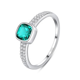HeyMeili Women Sterling Silver 925 Birthstone Engagement Ring, Emerald & CZ Diamond Pave Setting Ring for Her