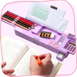 LilyBeauty Pop Up Multifunction Pencil Case with Calculator and Cutter, Great Learning Supplies, Best Gift for Kids and Teens, purple, Multi-functional Calculator Pencil Case