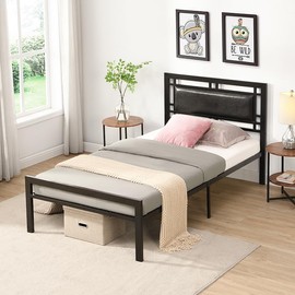 espidoo Twin Size Metal Bed Frame: Sturdy Steel Structure with Upholstered Headboard for Homeowners & Renters - Easy Assembly No Box Spring Needed Modern Black Bedroom Solution