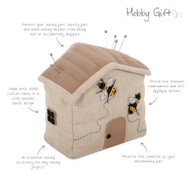 Hobby Gift Beehive Pin Cushion – House Shaped, Felt Applique Bees, Freestanding Tabletop Decoration, Sewing, Crafting, Novelty style 8.5 x 13 x 11.5cm