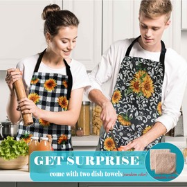 2 Pack Aprons for Women with 3 Pockets, Adjustable Waterproof Kitchen Bib Apron with 2 Towels for Chef Servers Grilling Cooking Baking, Plus Size Sunflower Aprons for BBQ Painting Gardening