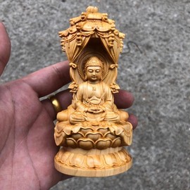 Amitabha Sanzon (Amitabha Nyorai Kannon Bodhisattva Seishi Bodhisattva), Natural Cliff Wood, Height 4.7 x Width 2.4 inches (12 cm) x Width 2.4 inches (6 cm), Protection Against Evil, Mobile, Amulet