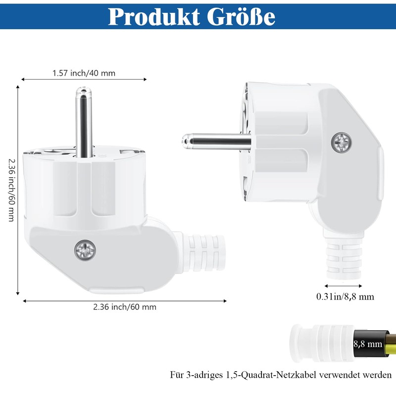 MejaRizon Schuko Plug, 2 Pieces Angled Plug 250 V/16 A,