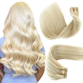 Platinum Blonde Sew in Hair Extensions Real Human Hair 20 Inch 100G Full Head Remy Weave Bundles for White Black Women Hand Tied Weft Hair Extensions Human Hair