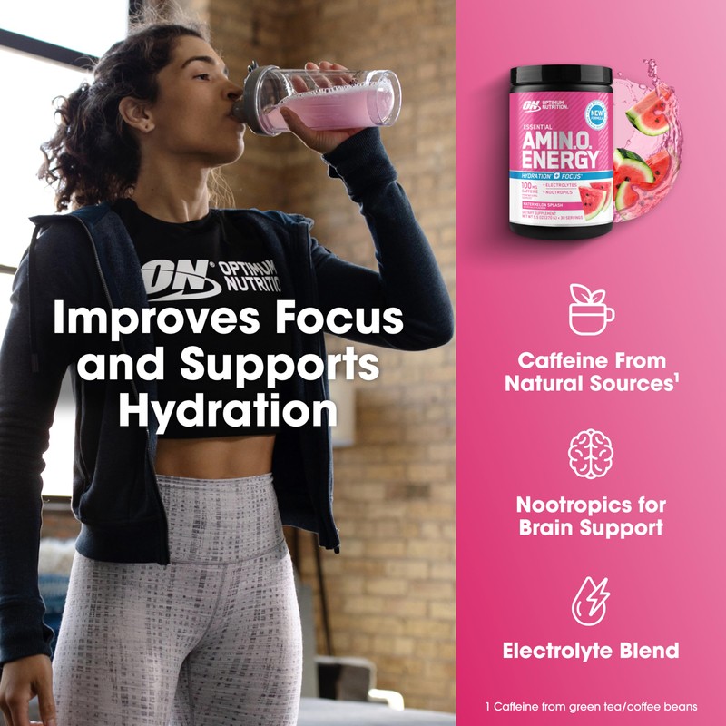 Optimum Nutrition Amino Energy Powder Plus Focus, with BCAA, Electrolytes,