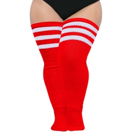 Abodhu Plus Size Thigh High Socks for Thick Thighs Women- Extra Long Widened Extra Long Thick Knit (Bright Red & White)